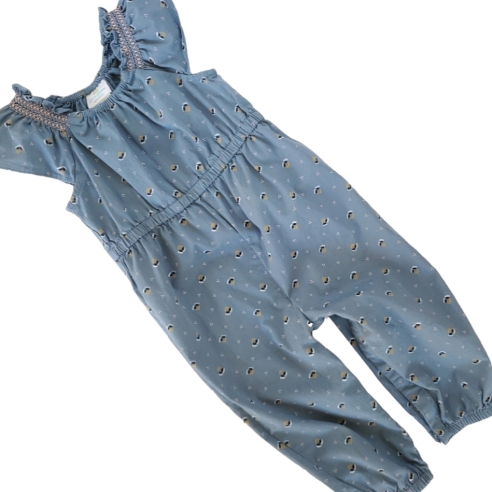 Blue and Gold Jumpsuit with Ruffled Sleeves and Elastic Waist